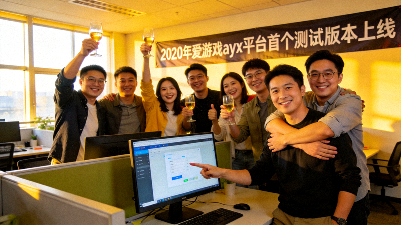 2020年爱游戏ayx平台首个测试版本上线，团队成员庆祝的瞬间