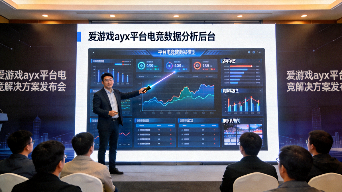 爱游戏ayx平台电竞解决方案发布会现场，主讲人正在演示数据分析后台