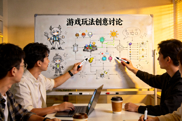爱游戏体育官网团队在会议室进行游戏玩法创意讨论的白板场景