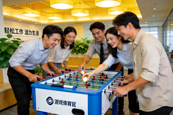 爱游戏体育官网休闲区的员工正在玩桌上足球，体现轻松活力的企业文化