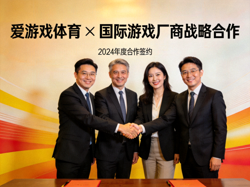 爱游戏体育官网代表与三家国际游戏厂商代表在签约仪式上握手合影，背景为合作标识