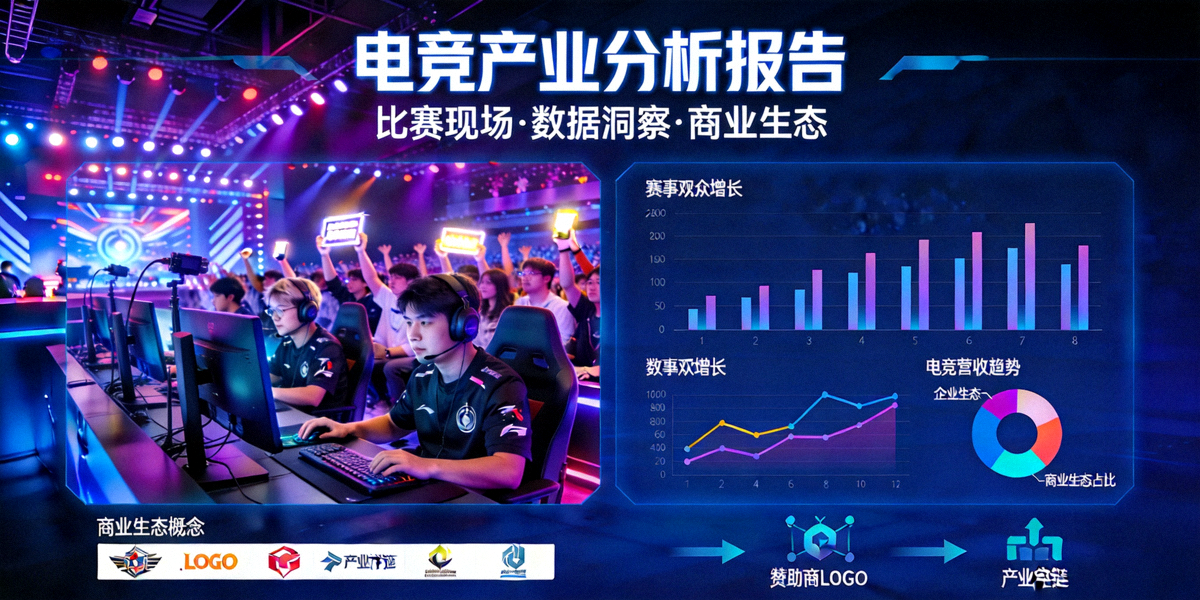 电竞产业分析报告封面图 - 展示电竞比赛现场、数据分析图表与商业生态概念