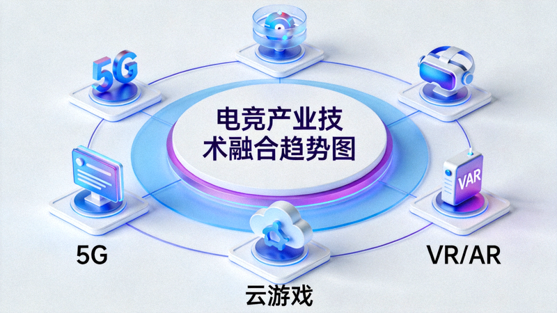 电竞产业技术融合趋势图 - 5G、云游戏、VR/AR技术图标环绕