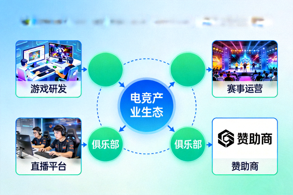 电竞产业生态图谱概念图 - 展示游戏研发、赛事运营、俱乐部、直播平台、赞助商等环节