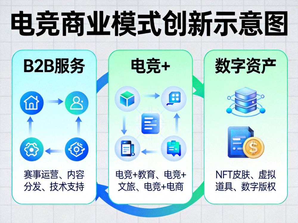 电竞商业模式创新示意图 - B2B服务、电竞+、数字资产等概念可视化