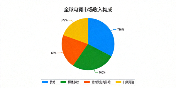 全球电竞市场收入构成饼图示意 - 赞助、媒体版权、游戏发行商补贴、门票周边等占比