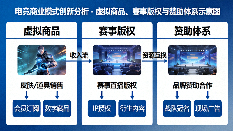 电竞商业模式创新分析 - 虚拟商品、赛事版权与赞助体系示意图