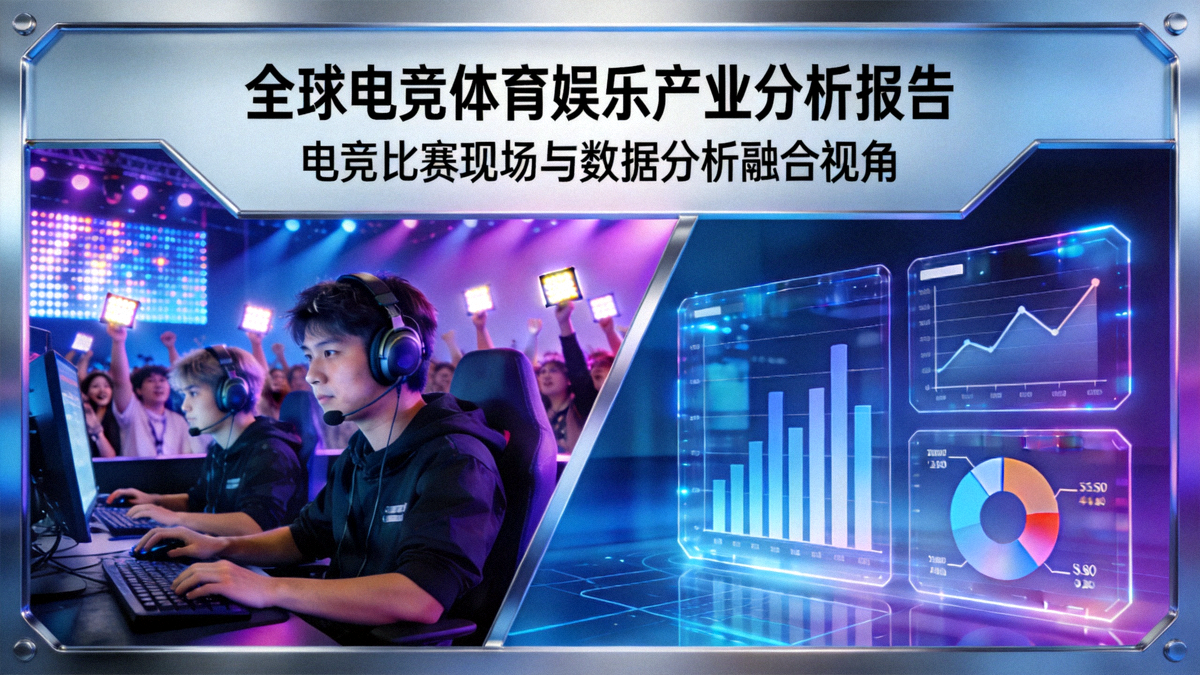 全球电竞体育娱乐产业分析报告封面图 - 电竞比赛现场与数据分析图表融合