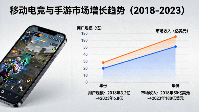 移动电竞与手游市场增长趋势图 - 智能手机上的竞技游戏画面