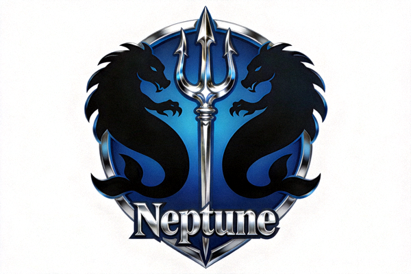 深海Neptune战队标志，三叉戟与深海巨兽剪影，象征沉稳与力量