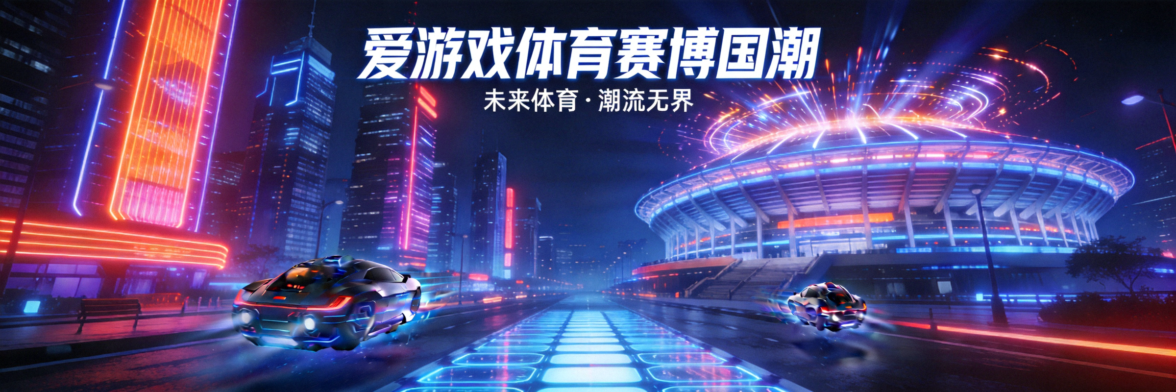 爱游戏体育赛博国潮世界观全景横幅 - 未来都市与体育场馆融合夜景