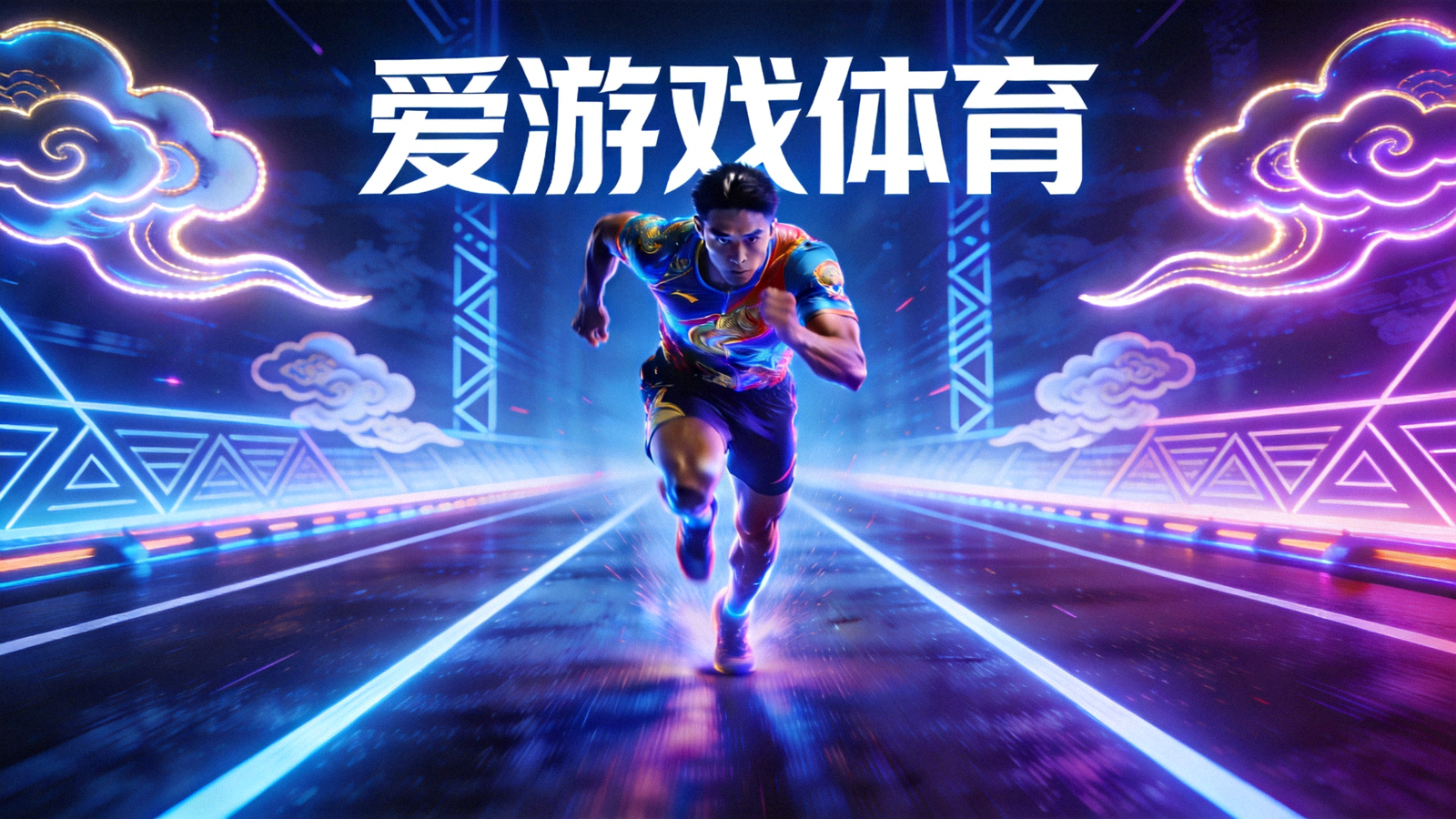 爱游戏体育赛博国潮主视觉，运动员在霓虹光效赛道上全力奔跑的场景